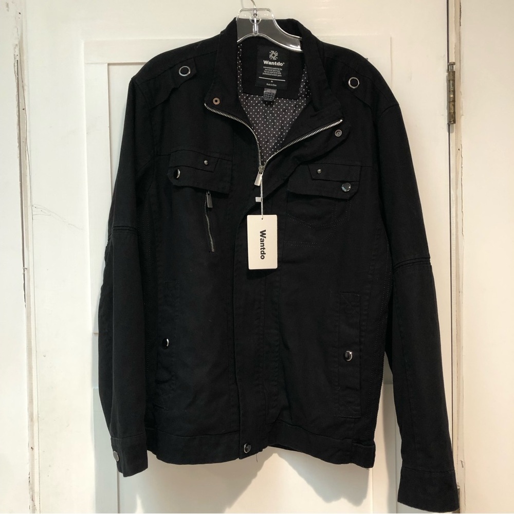 NWT Mens Wantdo black cotton zip up jacket cargo style multi pocket trucker M